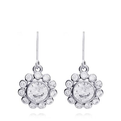 Silver flower and crystal leverback drop earrings